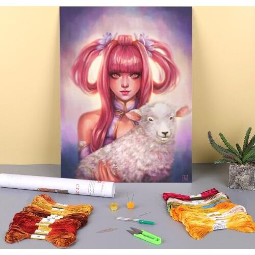 Cartoon Girl Woman Printed Canvas 11CT Cross Stitch Complete Kit DIY Embroidery DMC Threads Craft Sewing Painting Wholesale