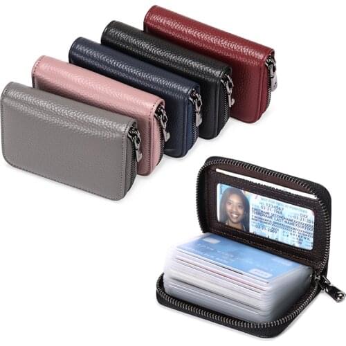 Men Business Card Holder Genuine Leather Credit Card Holder Women Zipper Pocket Unisex Card Case Zipper Coin Purse Card Wallet