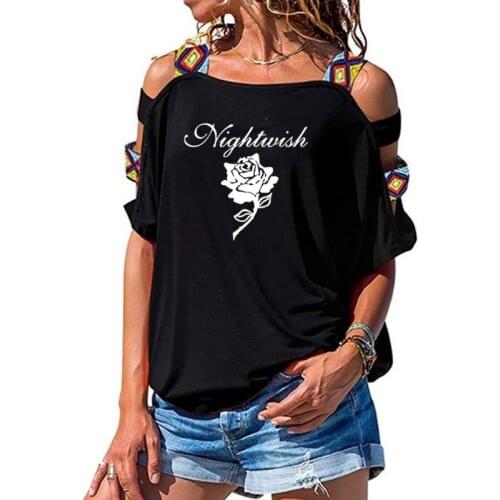 Nightwish Imaginaerum Symphonic Metal Women T-shirts oversized tee shirt femme cotton Female Sexy Hollow Out Shoulder Tops