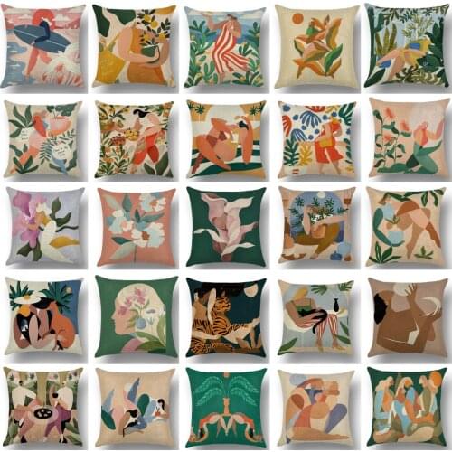 New Creative Modern Abstract Portrait Painting Linen Pillows Case Sofa Couch Abstract Art Decorative Pillows Floral Cushion Case