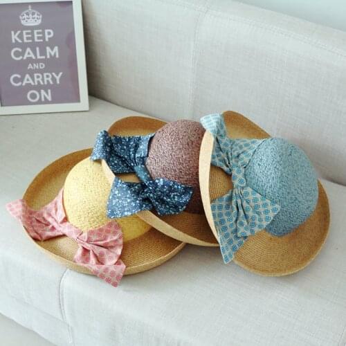 Summer Fashion Patchwork Large Brim Rolled-up Women Straw Bucket Hat Female Sunbonnet Beach Cap Big Bow PGSX005
