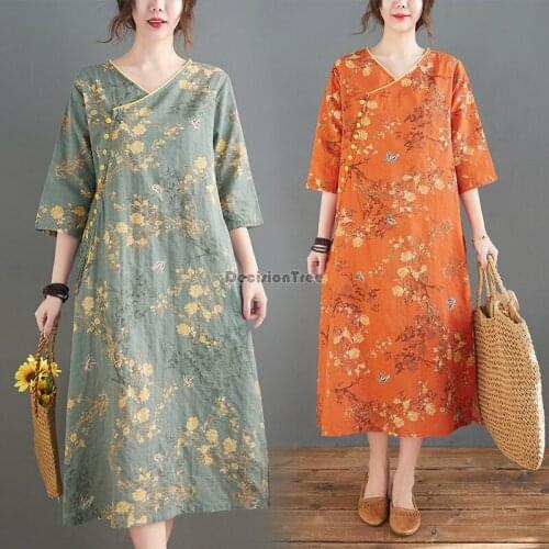 2021 chinese women cotton linen qipao loose long cheongsam vintage chinese dress elegant lady improved dress party dance costume