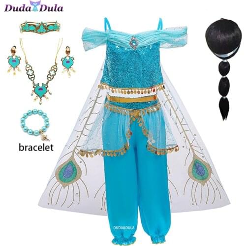 Girl Jasmine Princess Dress Halloween Girls Aladdin Cosplay Costume with Fancy Cape Carnival Pageant Clothes Performance Costume
