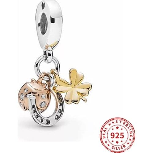 Real 925 sterling silver Beads Horseshoe Clover Ladbird Dangle Charm Suitable fit Original Pandora Bracelet Jewelry 2021