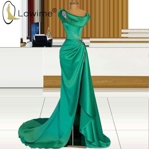 Simple 2021 Green Long Mermaid Evening Dresses Ruched Crystal Satin Evening Gowns with High Split