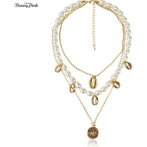 Banny Pink Chain Choker Pearl Pendant Necklace For Women Beach Shell Multi-Layer Metal Jewelry