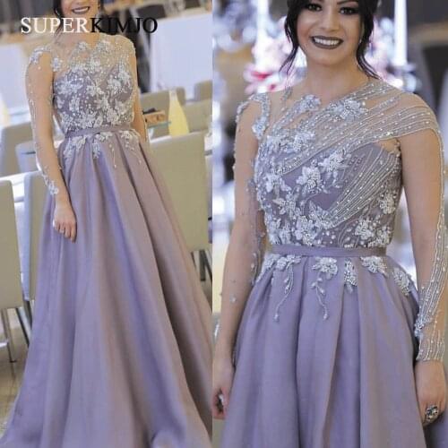 SuperKimJo Beaded Purple Prom Dresses 2020 Crystals Luxury Long Sleeve Elegant A Line Arabic Prom Gown Vestidos De Gala