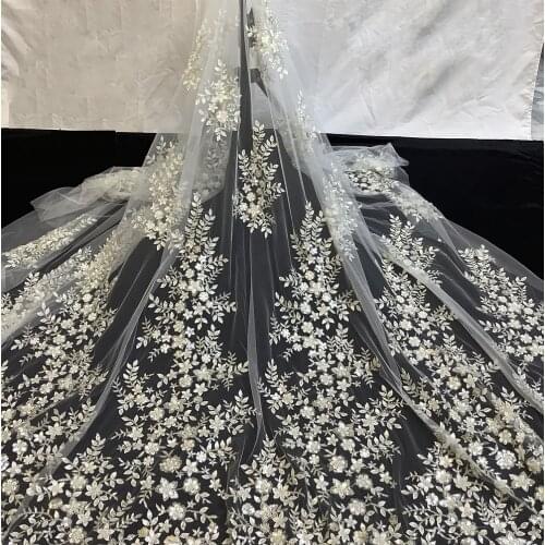 High Quality French Mesh Applique Lace Fabric Sequins Beads Tube Craft Tulle Embroidery Sewing DIY Bridal Gown 5 Yards