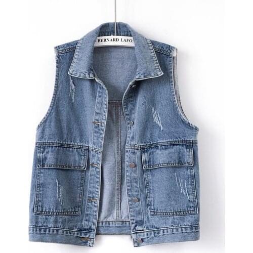2021 Spring and Autumn Women Denim Jacket Vest Vintage Short Turn-down Collar Denim Coat Sleeveless Slim Coat for Women Y162