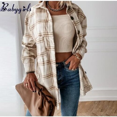 Oversize Womens Plaid Shirt Jackets Long Sleeve Ladies Tops Outwear 2021 Spring Autumn Loose Women Blends Check Buttons Coats