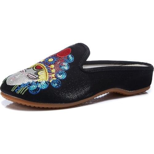 YourSeason Beijing Opera Embroidered Ladies Flannel Cotton Mules Flats Summer Vintage Style Womens Casual Soft Slippers Slip On