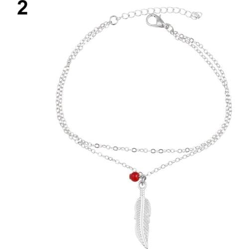 Womens Double Layers Barefoot Beach Feather Leaf Round Bead Ankle Anklet