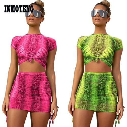INMOTENG Plus Size XXL Women Fluorescence Green Pink Snakeskin Leopard Print Two Piece Skirt Set Top Tie up Bodycon Skirt Sets