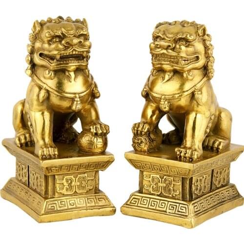 1 Pair Chinese Brass Copper Statue Foo Dogs Lions Beast Statue for Home Sculpture
