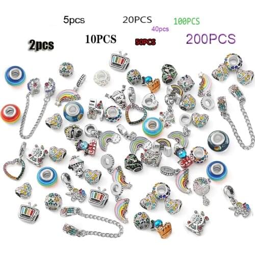 2021 Styles Silver Plated Rainbow Beads Crystal Charms Fit Brand Bracelet Necklaces For Women Jewelry Mixed Random Delivery