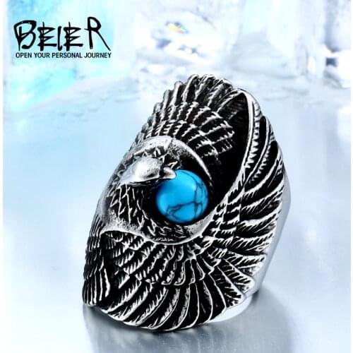 Beier 316L stainless steel Classic Eagle Green Stone Mens Ring Punk Animal High Quality Jewelry LLBR8-144R