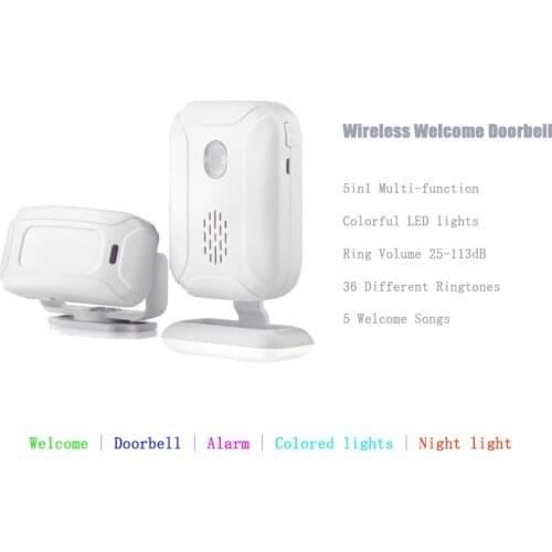 5in1 Wireless Welcome Doorbell Home Security Infrared IR Motion Sensor Welcome/Doorbell/Alarm/Colored LED lights/Night light