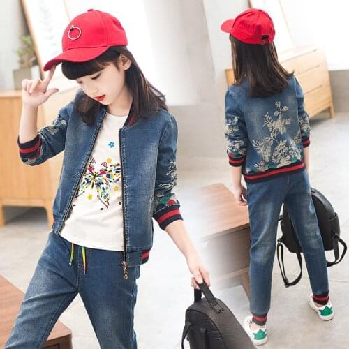 Original Design Girls Denim Clothing 3 Pcs Set Childrens Spring & Fall Suit New Teenager Kids Flowers Embroideried Clothes P370