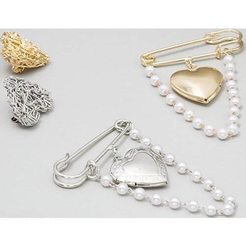 Elegant Double Heart Pins Brooches for Men Women Pearl Beads Link Brooch Pins Party Jewelry Brooch Dress Clothes Accessories