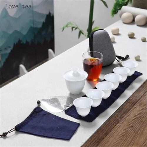 Porcelain Service Gaiwan Cups Mug of Tea Ceremony Teapot,Chinese Portable Kung Fu Travel Tea Set, Ceramic Teacup with bag