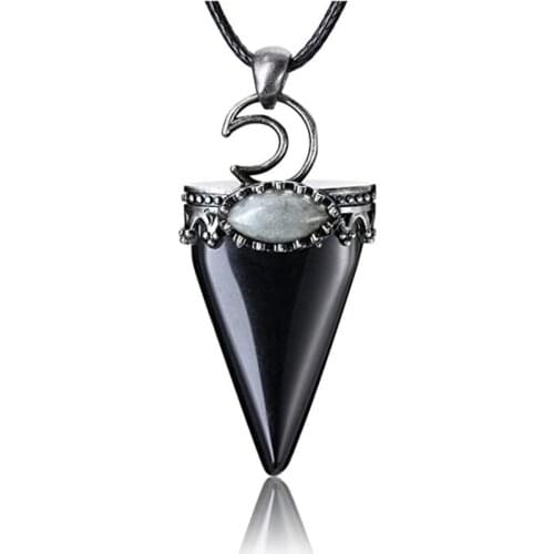 FYSL Silver Plated Geometric Shape Black Agates Pendant Rope Chain Necklace Rose Pink Quartz Jewelry