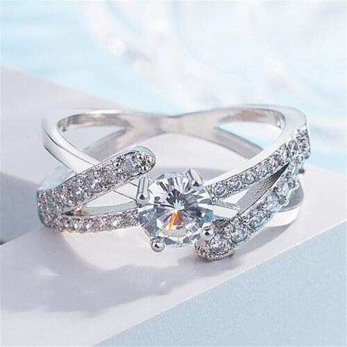 Exquisite Resplendent Silvercolor Cross Intersect Zircon Rings for Bridal Wedding Band Engagement Ring Anniversary Jewelry Gift