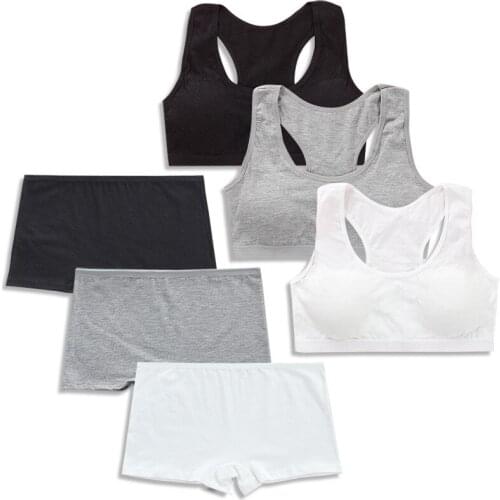 2Pcs/set Adolescent Girls Bra Set Cotton Solid Color Boxer Pants Vest Set 10-18Y Sports Bra Set Teen Underwear