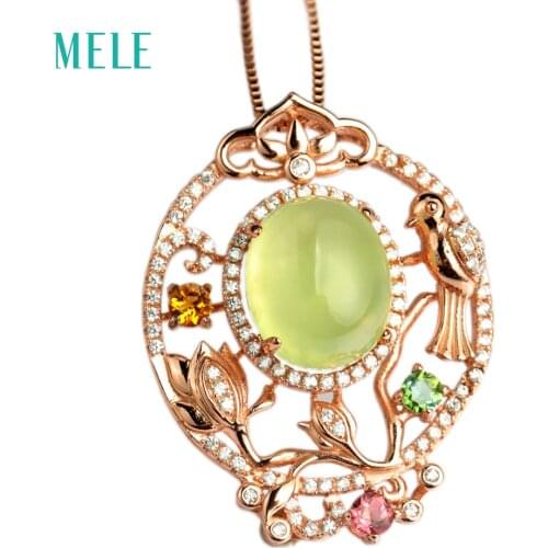 MELE Natural green prehnite silver pendant, big oval in 10mm*12mm, 24mm*32mm for whole pendant size, light green color
