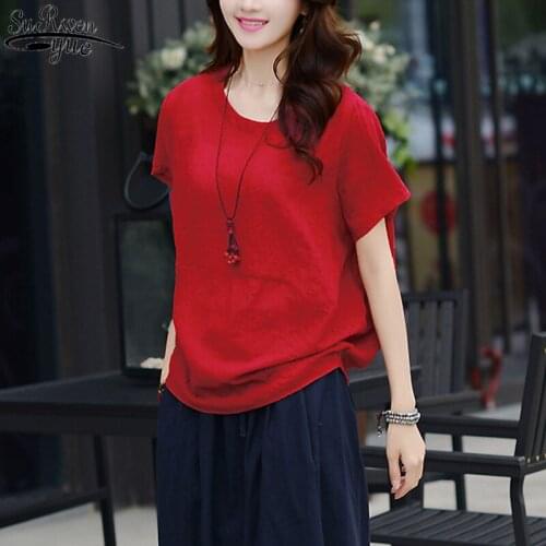 Summer Short Sleeve Cotton Linen Womans Shirt Korean Loose Plus Size Women 3XL Solid Vintage Womens Cloth Blusas Mujer 9817