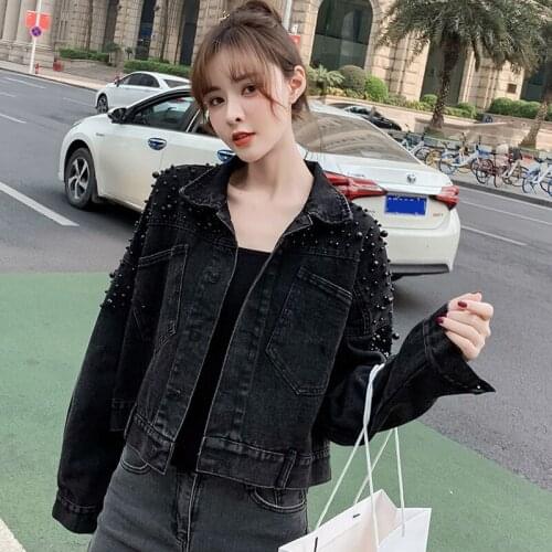 Fashion Beaded Black Denim Jacket Female Casual Lapel Big Pocket Long Sleeve Jean Jacket Spring Autumn 2021 Korean Women Clothes