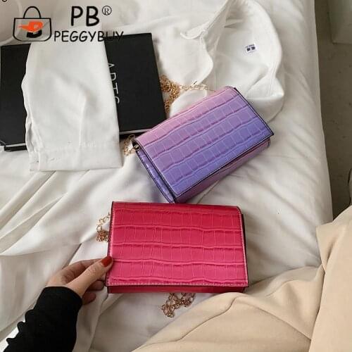 Fashion Women Gradient Color Thin Chain Shoulder Crossbody Bag Portable Alligator Pattern PU Leather Hasp Messenger Handbags