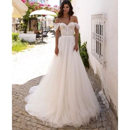 Charming Wedding Dress 2021 A-Line Off The Shoulder Lace Appliques Chiffon Backless Sweep Train Bridal Gown Vestidos De Noiva