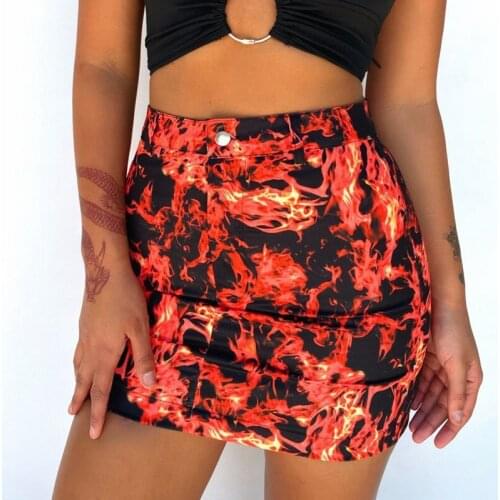 Sexy Women Summer Mini Skirt Girls Flame Printing High-Waist Tight Short Skirt with Button and Zipper Korean Style Streetwear