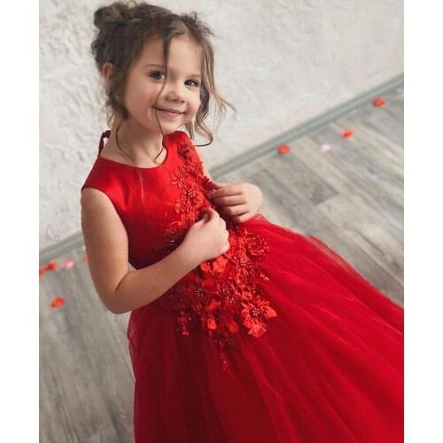 Sleeveless Lace Beading Red Girls Kids First Communion Dress Princess Red Children Birthday Party Celebration Dress Custom
