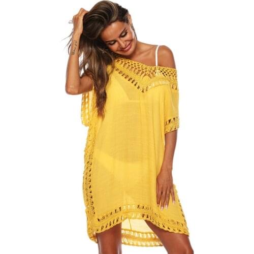 Beachwear Lace Bikini Cover Up Beach Dress Women Tunic Summer Bikini Swimsuit Cover Ups Chiffon Hollow Solid Ladies Loose Pareo