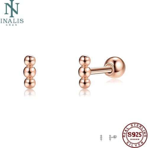 INALIS 925 Sterling Silver Beaded Stud Earrings For Women Rose Gold Color Small Earring Wear Comfortable Party Fine Jewelry