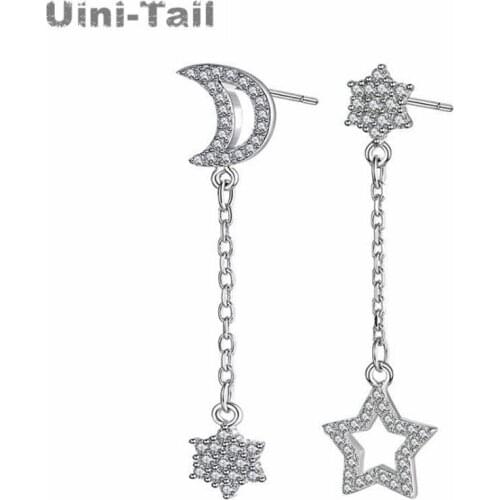 Uini-Tail new hot 925 sterling silver asymmetric stars moon tassel earrings long Korean version of micro-inlay hypoallergenic