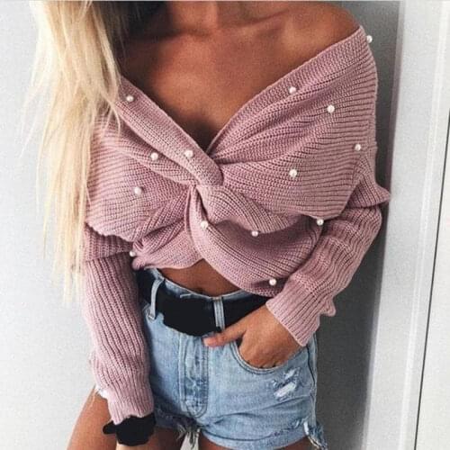 Sexy Pearl Beading V Neck Twist Sweater Sweet Women Pullovers Knit Jumper Long Sleeve Casual Solid Knitted Sweater pull femme