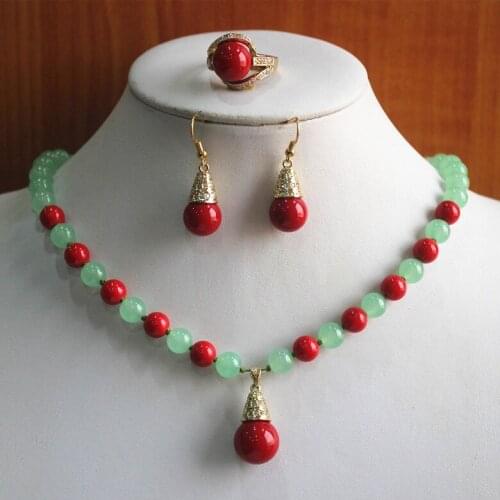 Party! Wholesale Womens 8mm green Natural jade mixed red coral Necklace earring ring(7/8/9) jewelry set