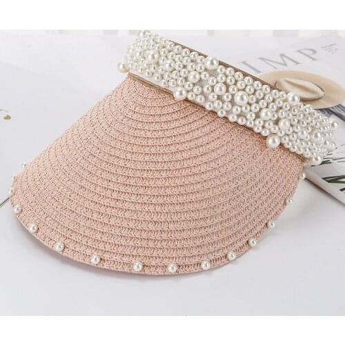 HT3001 Korea Style Women Summer Hat Wide Brim Straw Hat for Women High Quality Pearls Visor Hat Ladies Elegant Visor Cap Sun Hat