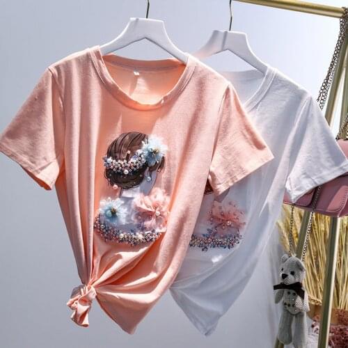 Beaded Lace Embroidery Women T-Shirts Summer New Design 2021 O-Neck Short-Sleeved Slim Casual Elegant Female Pulls Tops Tees