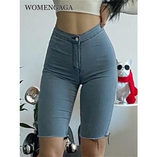 WOMENGAGA Hot Fitness Skinny Jeans High Elastic Hip Lifting Pants High Waist 5-point Pants Womens Fashion Korean Summer BF0G