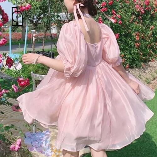 Kawaii Mini Dress Women Summer 2021 Puff Sleeve Korean Casual Party Dresses Pink Sweet Cute Princess Lolita Sundress Beach Boho