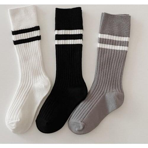 2021 New 3 Pairs/Lot Kids Long Socks Cotton Striped White Black Football Socks For Toddlers Childrens Socks For Girls Boys