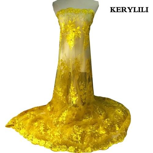 5 Yards Newest Yellow African Tulle Lace Nigerian Fabric Wedding Material Beaded&Stone Party Dress KRL-2850
