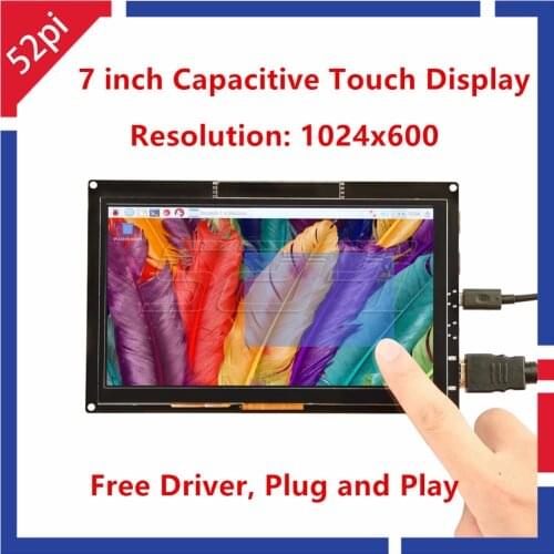 52Pi Free Driver 7 inch 1024*600 TFT Capacitive Touch Display Screen for Raspberry Pi 4 B All Platform/Windows/Beaglebone Black
