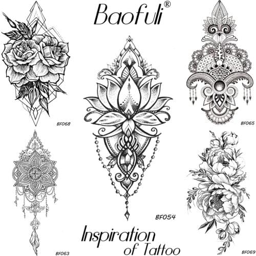 BAOFULI Women DIY Henna Flowers Temporary Tattoo Black Lotus Sleeve Fake Tatoos Body Art Jewelry Waterproof Arm Tattoo Stickers