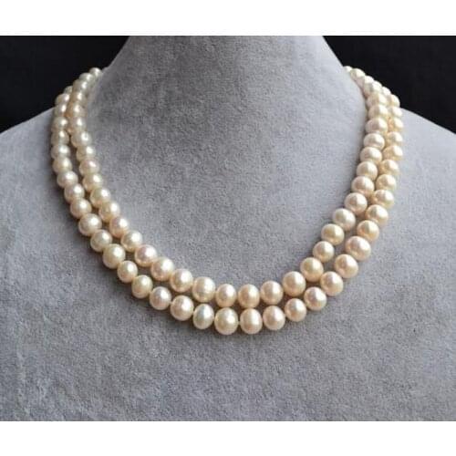 White Pearl Necklace,17-18 inches 8-9mm 2 Row Freshwater Pearl Necklaces,Double Strand Pearl Jewelry,Wedding,Bridesmaid Necklace
