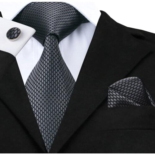 Hi-Tie New Clasic Grey Tie for Men Silk Fabric Jacquard Woven Tie Hanky Cufflinks Set for Men Designer Fashion Silk Ties SN-1466