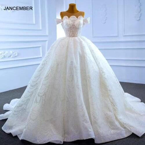 J67239 White Wedding Dress 2021 Pearls Off The Shoulder Short Sleeve Lace Up Back Beading Sequined Appliques